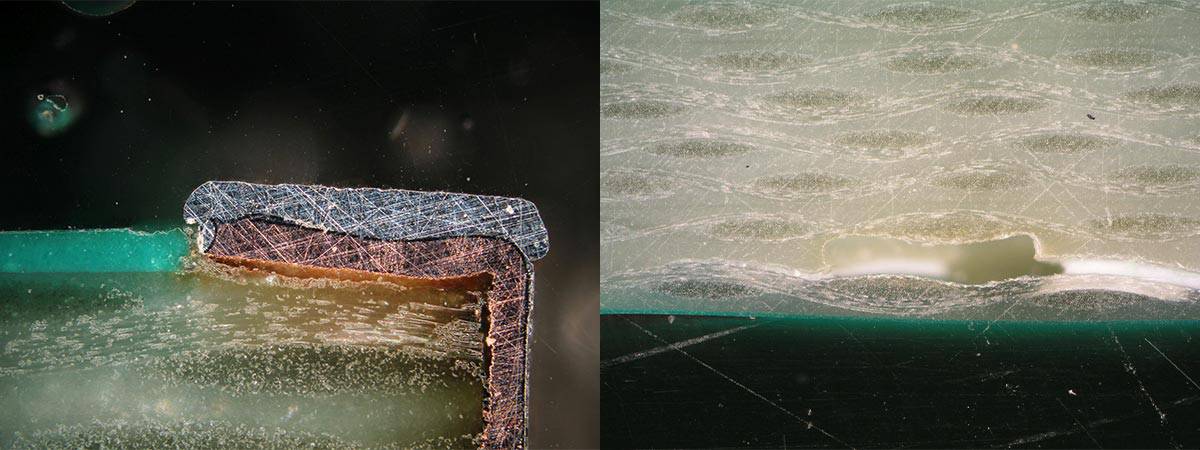 Cross section of a PCB showing the copper pad lifted from the laminate and Example of a void caused by delamination