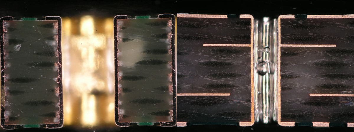 Cross sections of vias in a two layer board (left) and a multi-layer board.