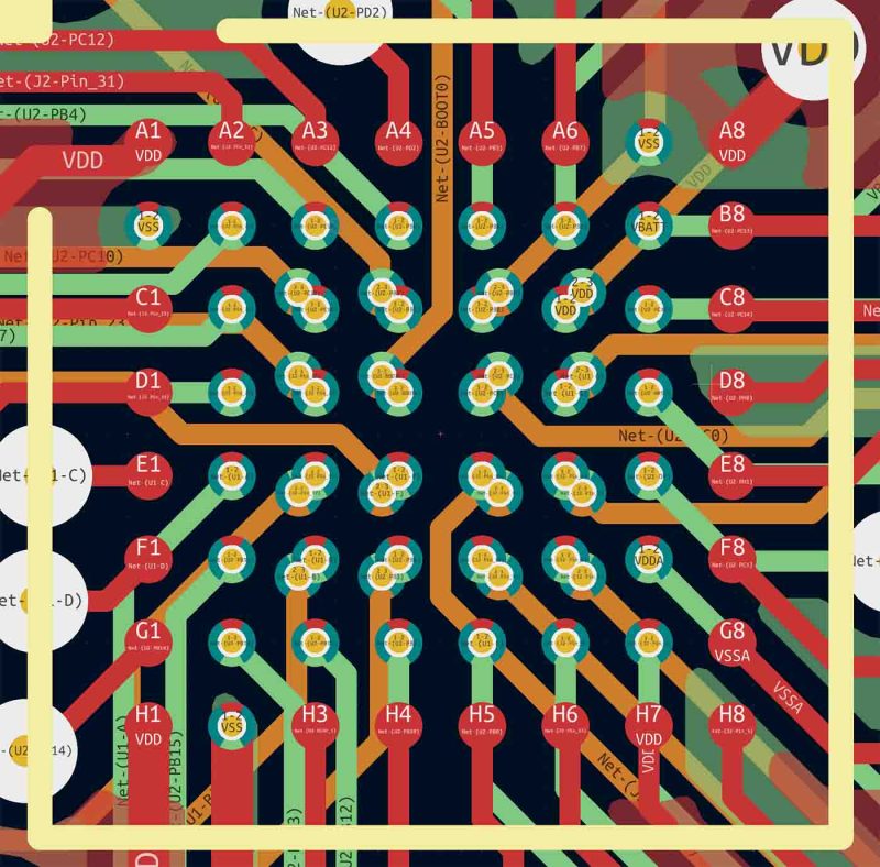 An example fan-out of an STM32F412 in a WLCSP64 0.4 mm pitch package