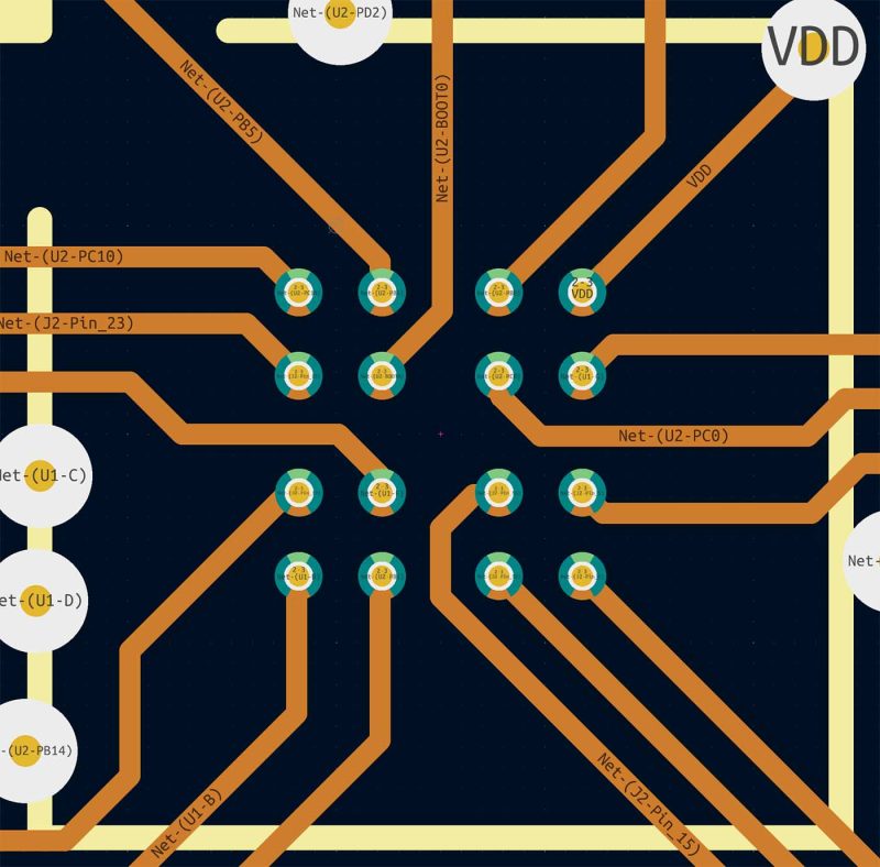 The inner four signals of the 8x8 BGA in between the microvias.
