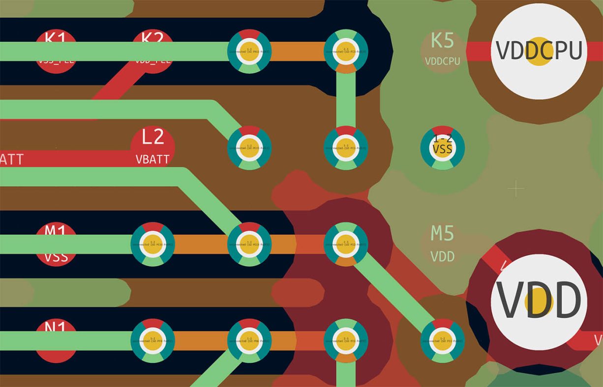 A closeup of the L1-L2 and L2-L2 routing in green and the routing of L3 in orange.
