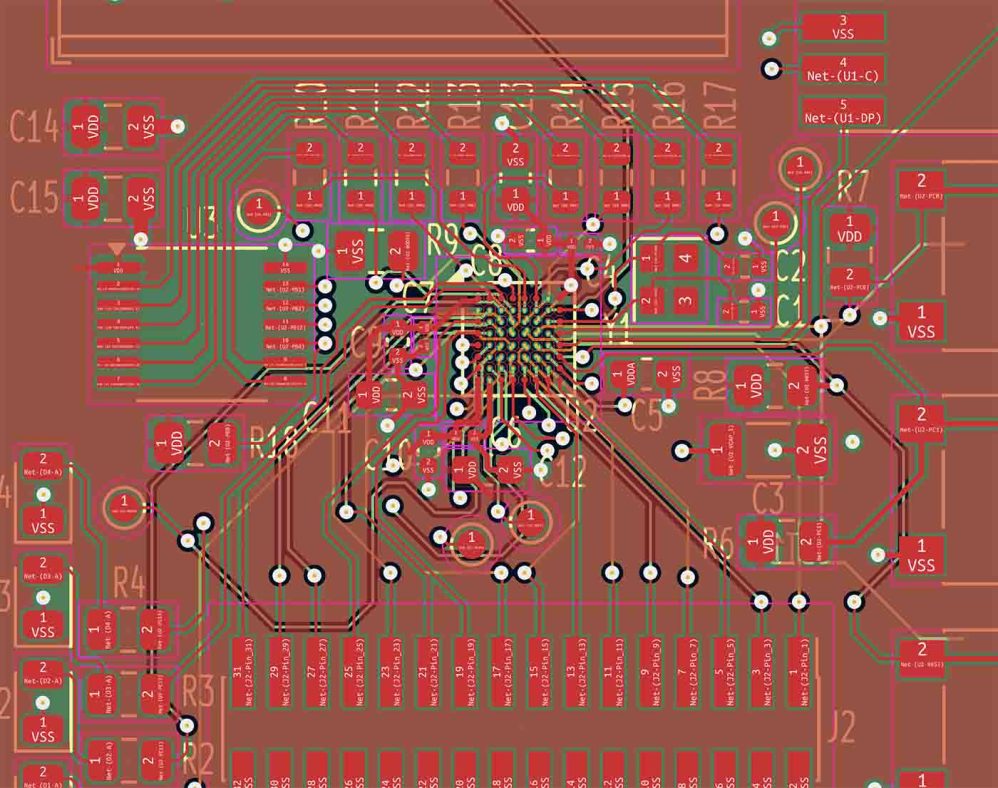 Figure 5. A large portion of the PCB we tested (only the first three layers are shown). The white circles are the annular rings of 0.15mm hole through-vias.