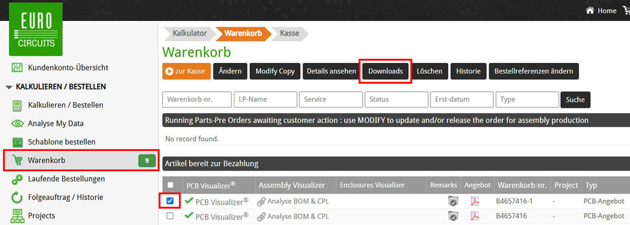 Downloads im Warenkorb auswählen