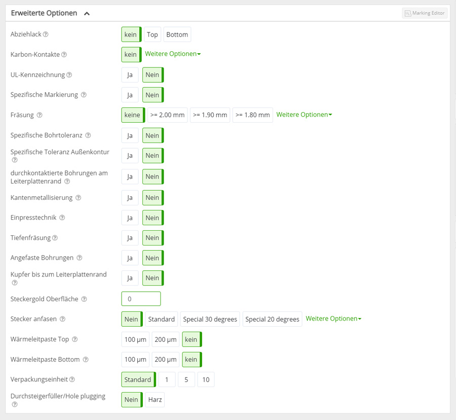 PCB-Konfiguration Erweiterte Optionen