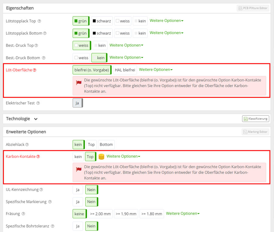 PCB-Konfiguration Erweiterte Warnung