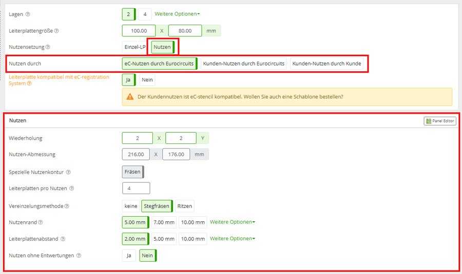 PCB-Konfigurator Grundparameter und Panel-Bereich