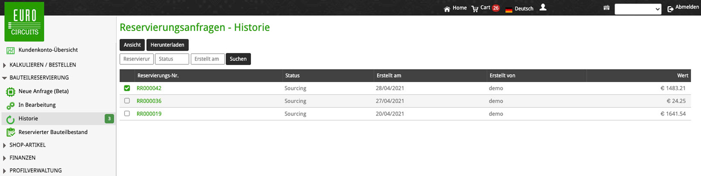 Anfragehistorie für Ersatzteilreservierungen
