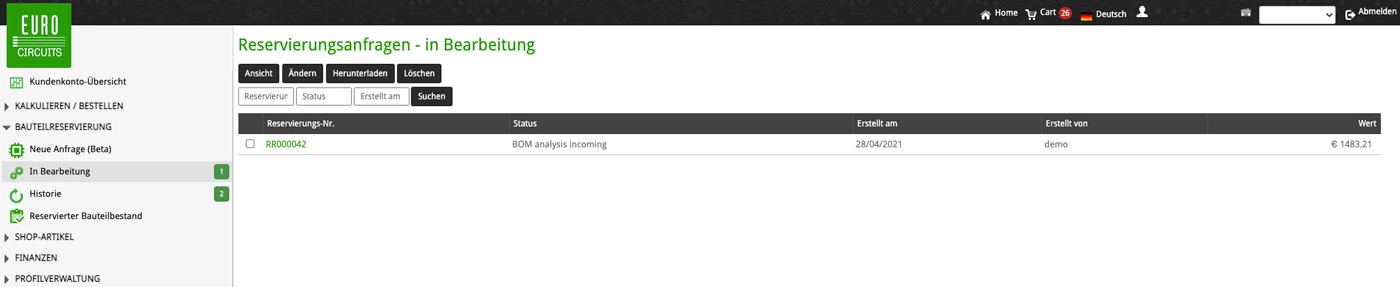 Teile-Reservierungsanfrage in Bearbeitung