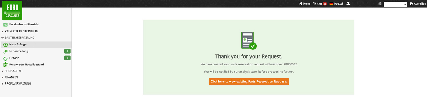 Teile-Reservierung Vielen Dank für Ihre Anfrage