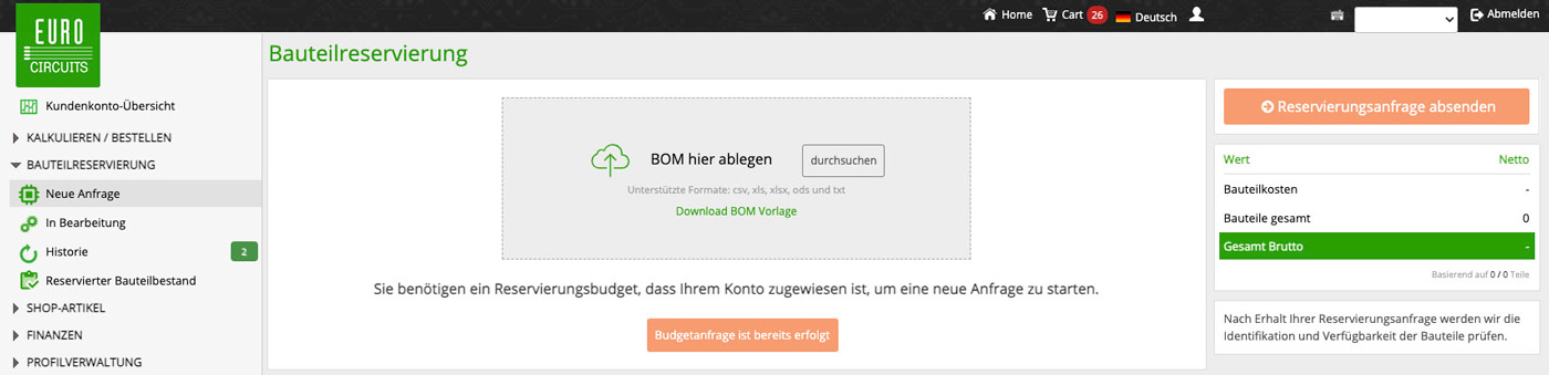 Teile reservieren Neue Anfrage starten