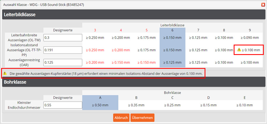 PCB-Konfigurator Klassifizierungseditor Fehler