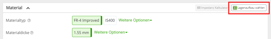 PCB-Konfigurator Materialien Abschnitt Aufbau Schaltfläche