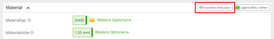 PCB-Konfigurator Materialien-Abschnitt DEF IMP-Taste