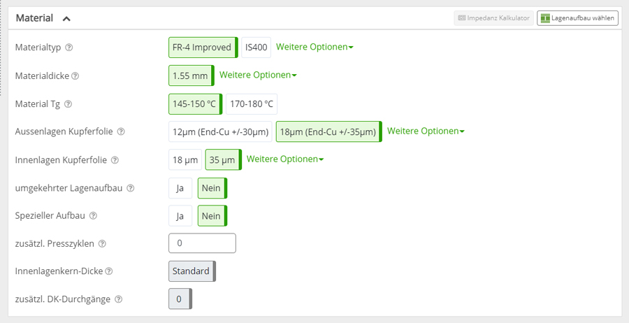 PCB-Konfigurator Abschnitt Materialien
