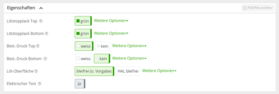 PCB Konfigurator Eigenschaften