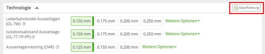 PCB-Konfigurator Technologiebereich Klassifizierungsschaltfläche
