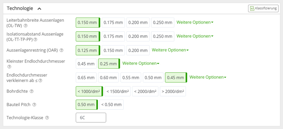 PCB-Konfigurator Technologiebereich