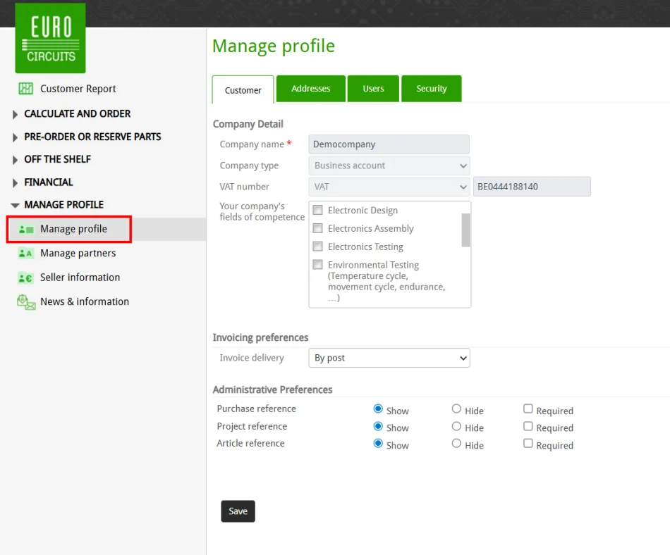 Select Manage profile from user account