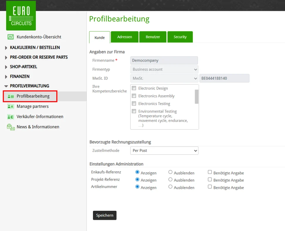 Fenster "Profil verwalten" Wählen Sie "Profil verwalten".