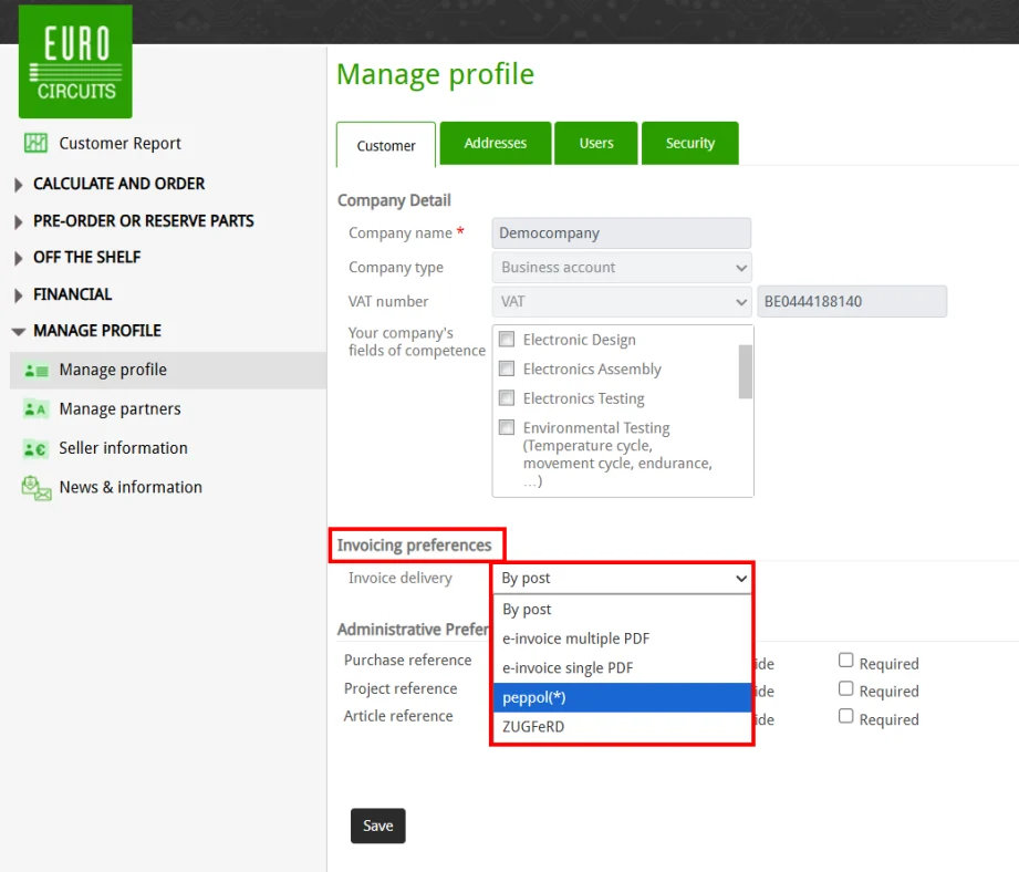 Select invoice delivery method