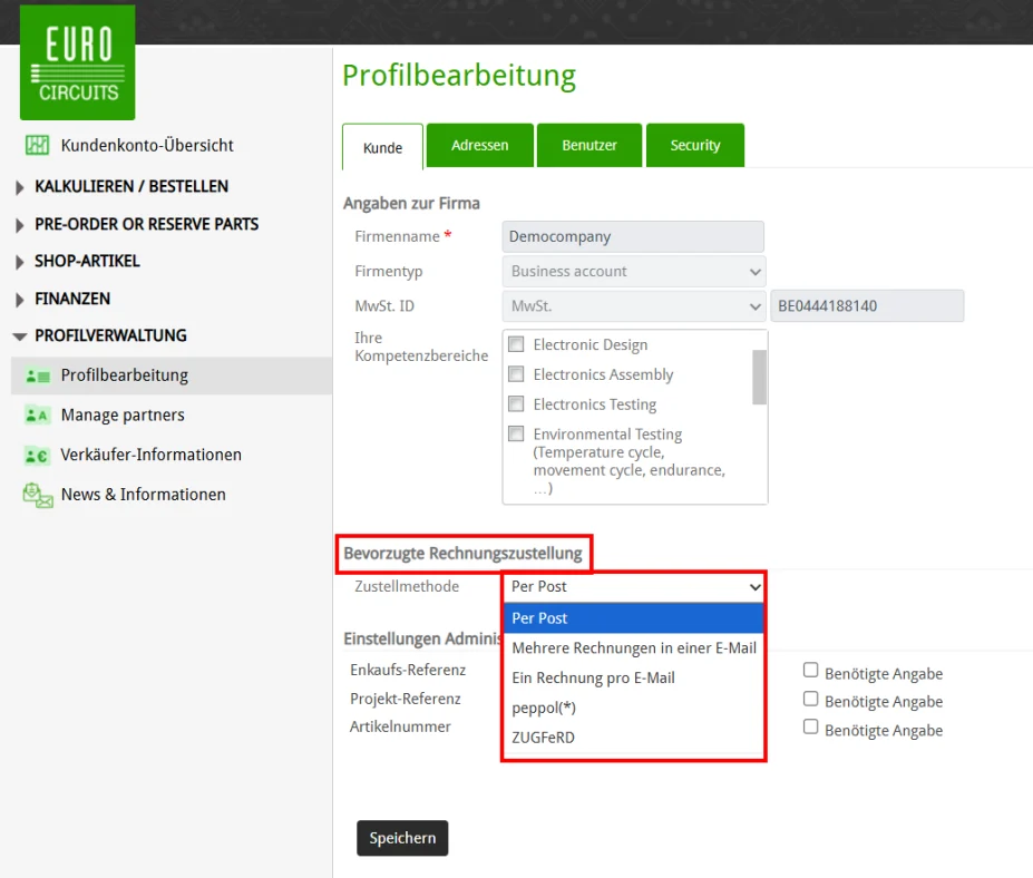 Wählen Sie das Dropdown-Menü „Rechnungsversandmethode“ aus.