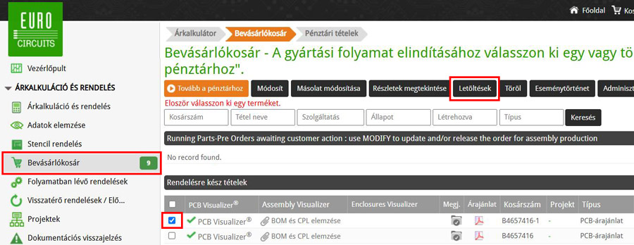 Válassza ki a Letöltések a kosárból