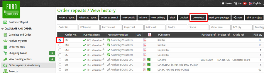 Select Item and Click Downloads Button
