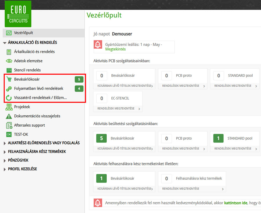 Válasszon almenüt a ÁRKALKULÁCIÓ ÉS RENDELÉS menüből
