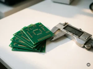 Green prototype PCBs fanned on a white workbench with a precision caliper measuring board thickness alongside copper traces and solder pads.