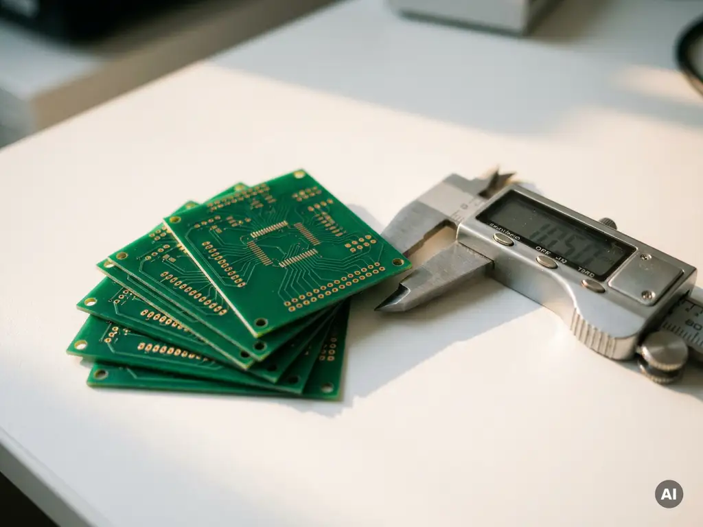 Green prototype PCBs fanned on a white workbench with a precision caliper measuring board thickness alongside copper traces and solder pads.